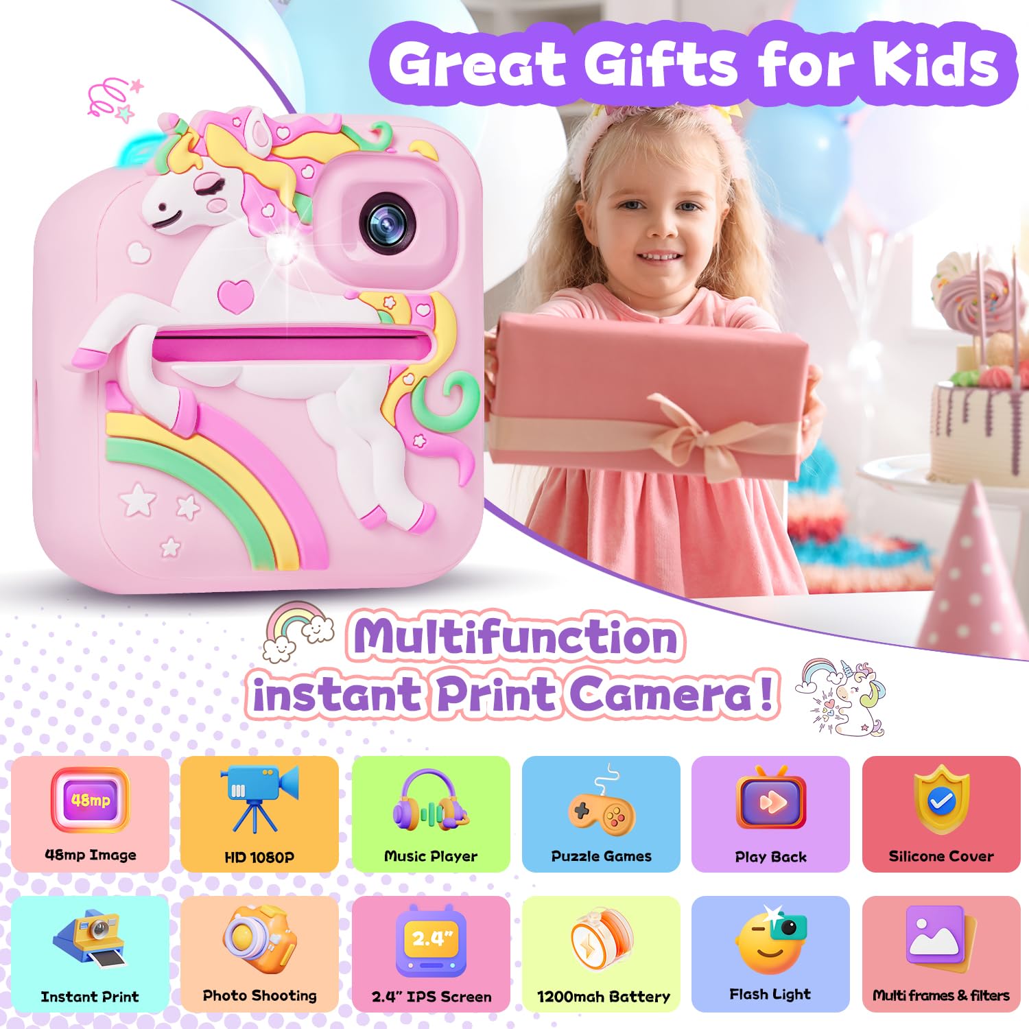 E-WOR Kinderkamera Sofortbildkamera 1080P Digitalkamera mit 32GB Karte & Druckpapier Rosa