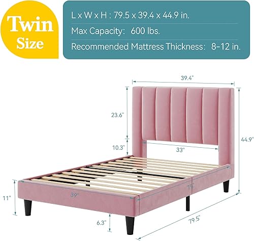 Miniatura 82 de HOOMIC Base de cama de plataforma de tamaño matrimonial con cabecera de canal vertical tapizada de terciopelo de felpa, no necesita somier, fácil