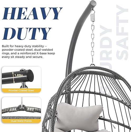 Miniatura 32 de Silla colgante de huevo, de mimbre y ratán, cojines resistentes a los rayos ultravioleta, capacidad de 350 libras, para dormitorio, balcón, patio