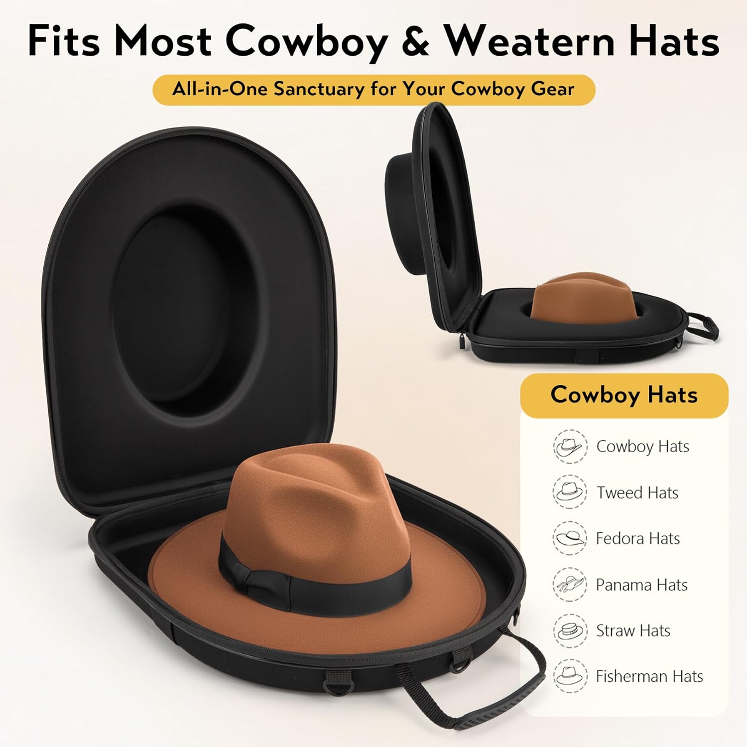 Cowboy Hat Case, Crush Proof Travel Hats Case for Cowboy, Panama, Tweed & Fedora Hats, Cowboy Hat Box with Adjustable Strap & Luggage Strap for Travel & Home Storage, Large Black Large