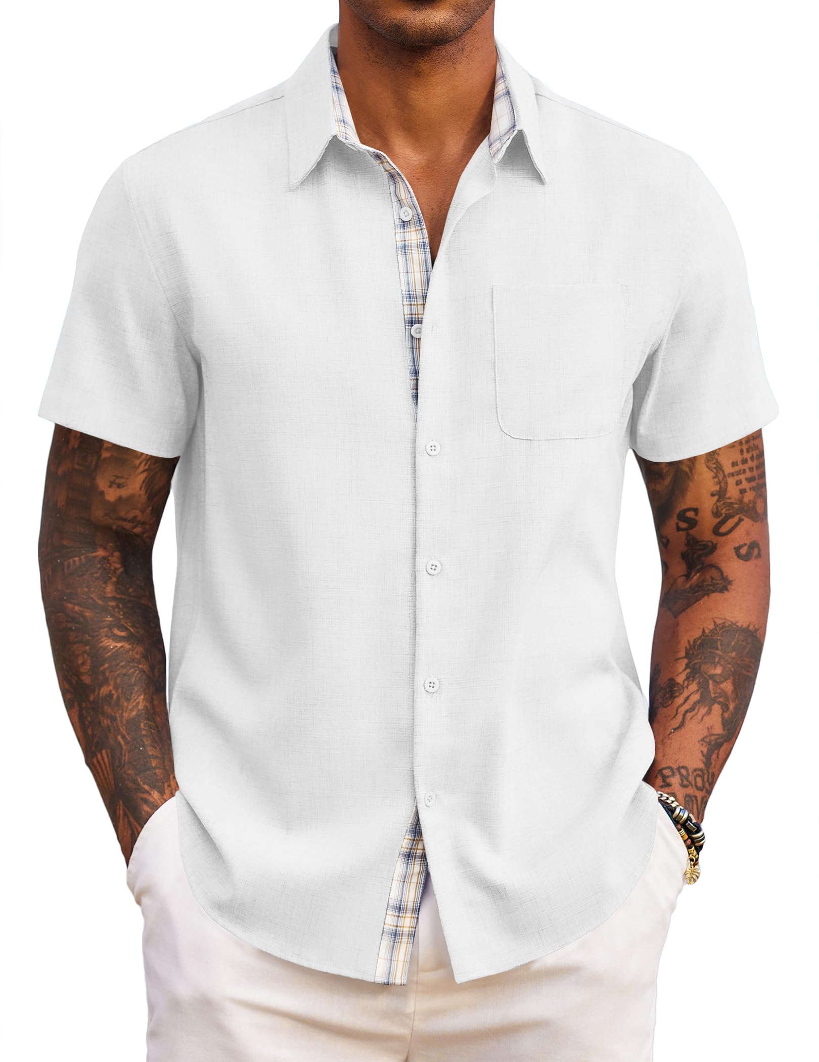 COOFANDY Herenshirts met korte mouwen, zomershirts, katoenen shirts, vakantieshirts, casual shirts, strandshirt met zak, Zwart, L