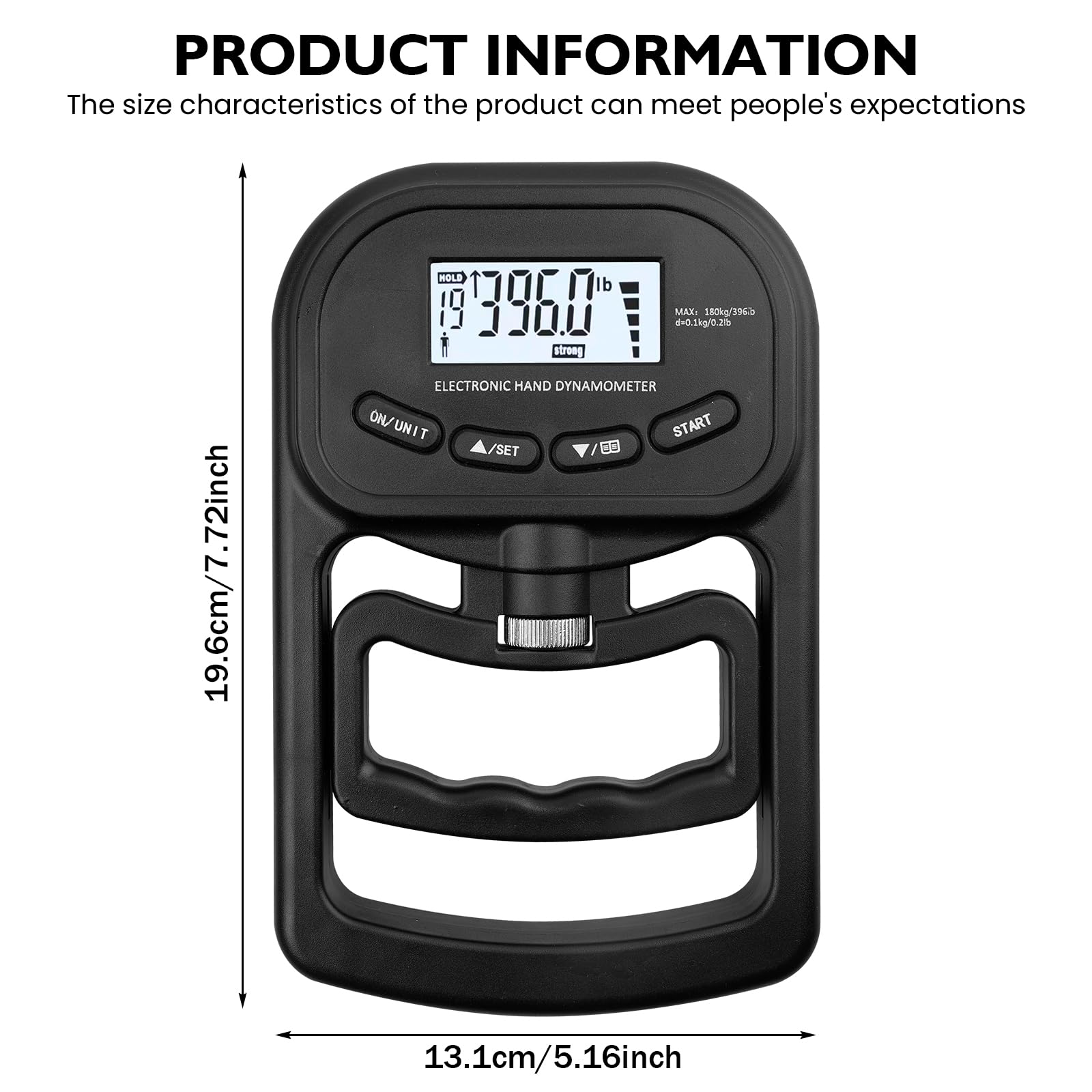 Appareil de force portatif numérique : dynamomètre manuel 180 kg, compteur de force de préhension électronique, écran LED, entraînement de force avec câble de charge USB, appareil de force de