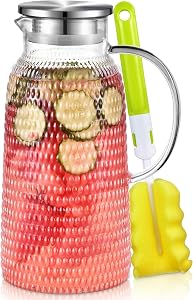 Pitcher, 2.4 L Water Pitcher, Juice Jug Ice Tea Pitcher, Glass Pitchers with Stainless Steel Lid, Heat Resistant Glass, Jug for Homemade Cold/Hot Tea Juice Milk Coffee, Easy Clean