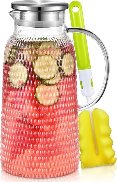Pitcher, 2.4 L Water Pitcher, Juice Jug Ice Tea Pitcher, Glass Pitchers with Stainless Steel Lid, Heat Resistant Glass, Jug for Homemade Cold/Hot Tea Juice Milk Coffee, Easy Clean