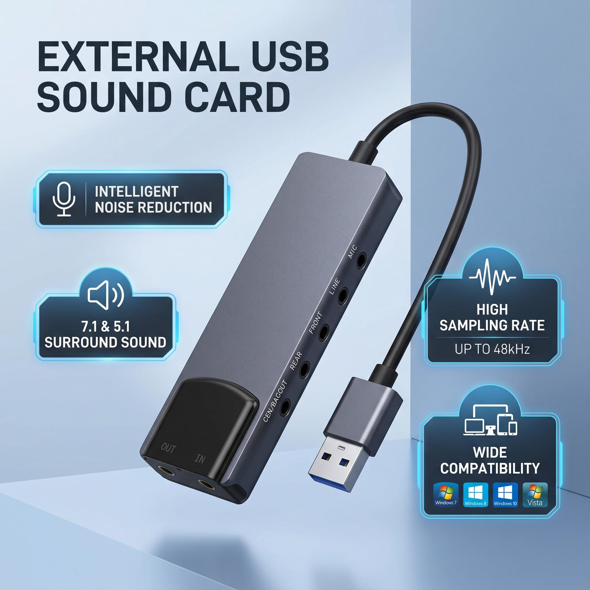 Carte son surround 7.1 USB 5.1 Carte son externe avec entrée optique SPDIF Adaptateur audio Réduction du bruit Aluminium pour PC portable Puce CM6206