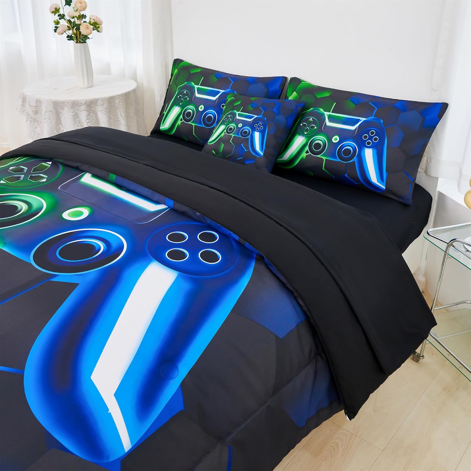 RYNGHIPY Game Console Comforter Set for Boys Girls 3D Cool Kids Gaming Bedding Sets Soft Lightweight Microfiber Gamer Comforter Bed Set (Blue Green,Queen)