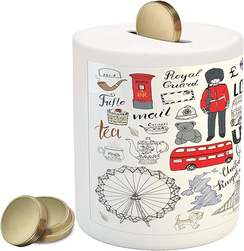 Ambesonne Hipster Higgy Bank, I Love London - Cabina telefónica de doble piso para autobús, corona del Reino Unido, Big Ben, caja de dinero de
