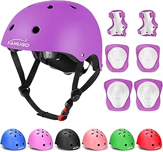 KAMUGO Kids Adjustable Helmet, with Sports Protective Gear Set Knee Elbow Wrist Pads for Toddler Age 3-8 Boys Girls, Bike Skateboard Hoverboard Scooter Rollerblading Helmet Set (Purple)
