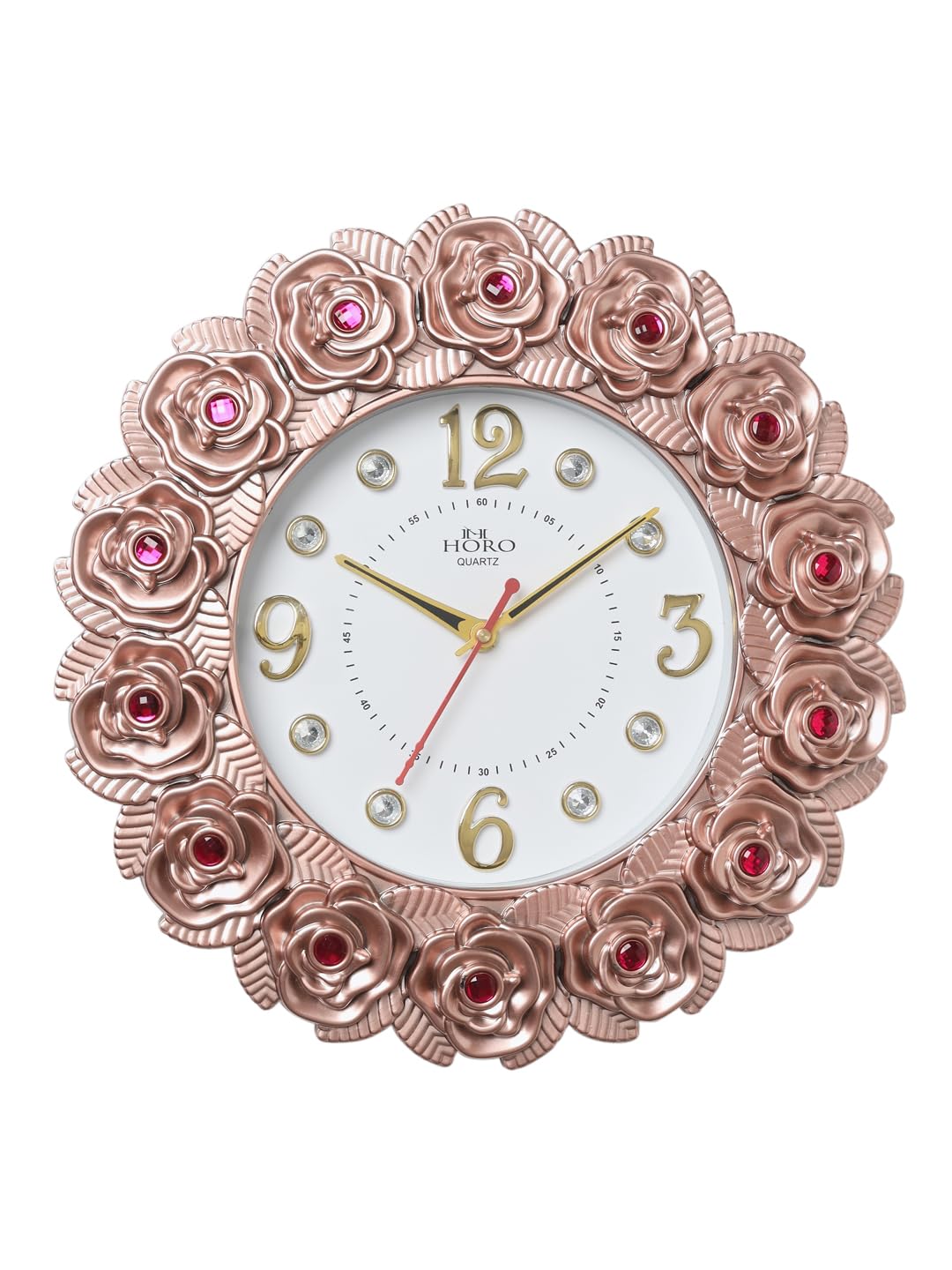 HORO Rose Design With Colore Full Stones -12 Inch Analog Wall Clock - 3Dnumber Dial/Mineral Glass-30X30X5Cm (Step Movement -Rose Pink Color Plastic Case)
