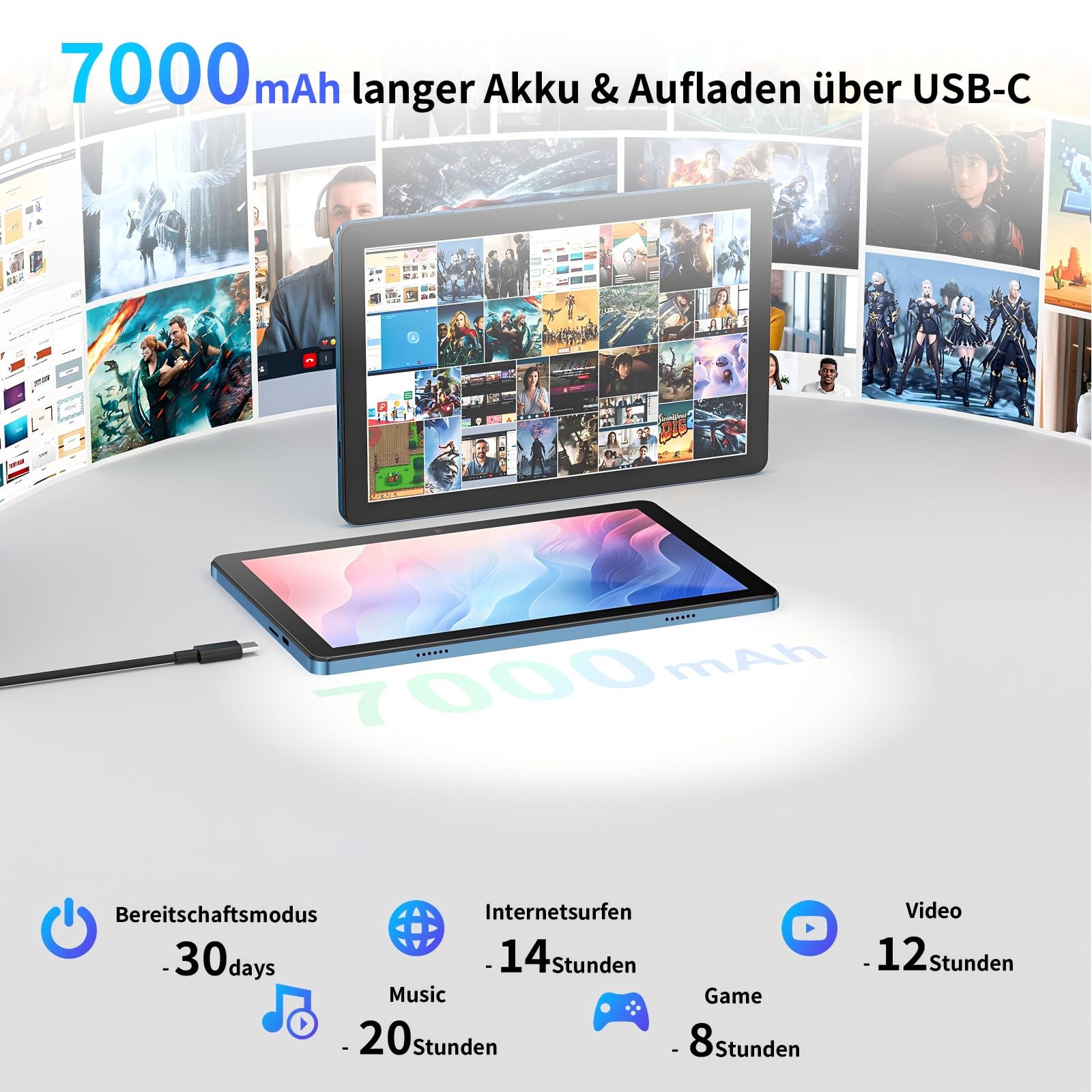 Tablet 10 Zoll Android 15: 2026 Neueste 7000mAh Octa-Core 8GB RAM+64GB 1TB TF Tablet PC WiFi 6 2.4G/5G Bluetooth 5.0 1280 * 800 FHD GMS Dual Kamera mit Tastatur Maus, Typ C, Adapter, Hülle, OTG, Stift