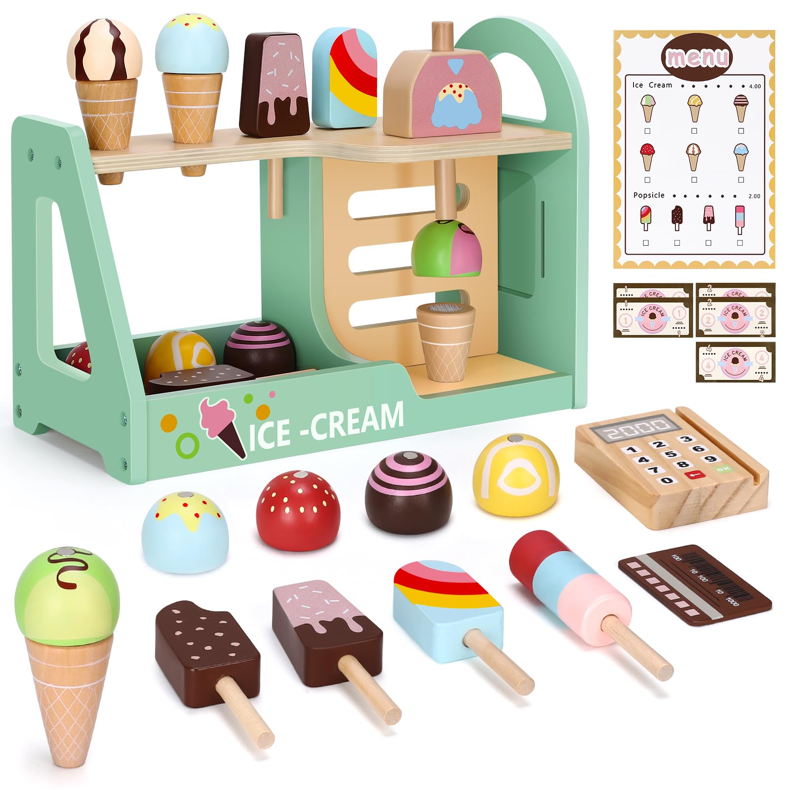 RILSO Geschenk Mädchen,Spielzeug Mädchen,Geschenk,Eisdiele Eisladen Kinder Holz,Einkaufsladen Kinder,Kinderküche