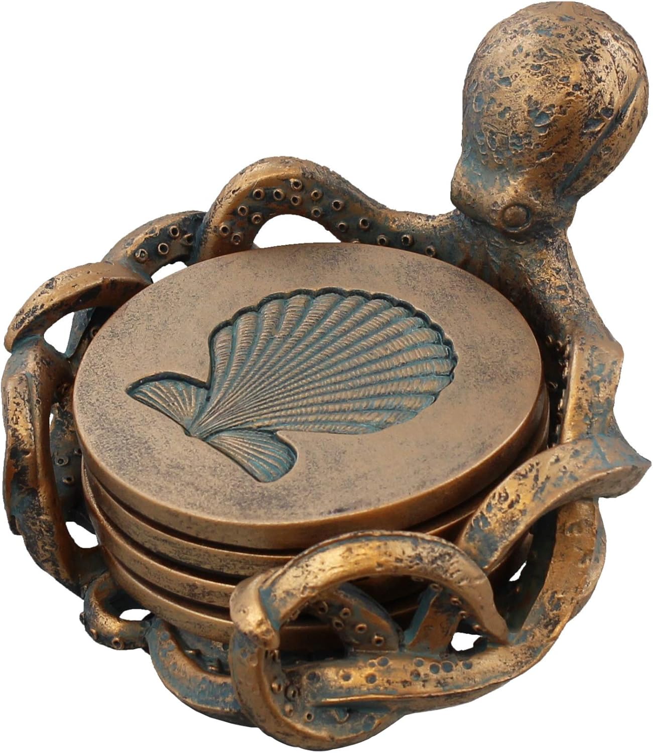 Octopus Coaster Set - Nautical Ocean Beach Sea Shell Coastal Decor - Bronze/Verdigris Finish - Image 2