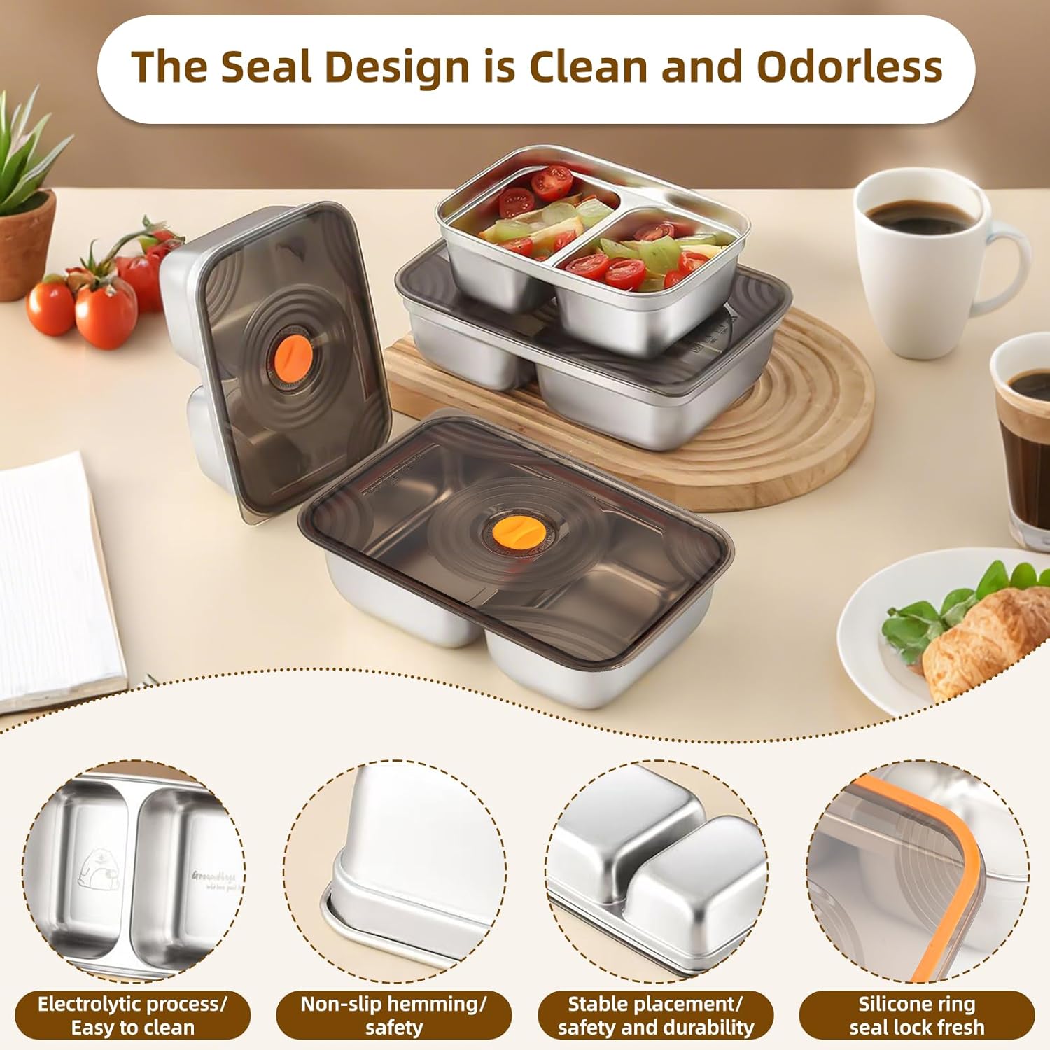 4 Pack Stainless Steel food storage containers(20oz) leak proof & airtight lids for Kitchen,Dual Compartment,freezer and microwave safe Containers For snack Meal Prep, Leftovers, Freezer - Image 5