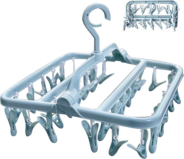 LIVXURY 32 Peg Foldable Drying Rack, Windproof, Drying rack, Laundry rack, Clothes drying rack, Clothes dryer, Sock dryer, Dryer rack, Sock Underwear hanger, Clothes pegs, Laundry airer (Blue)