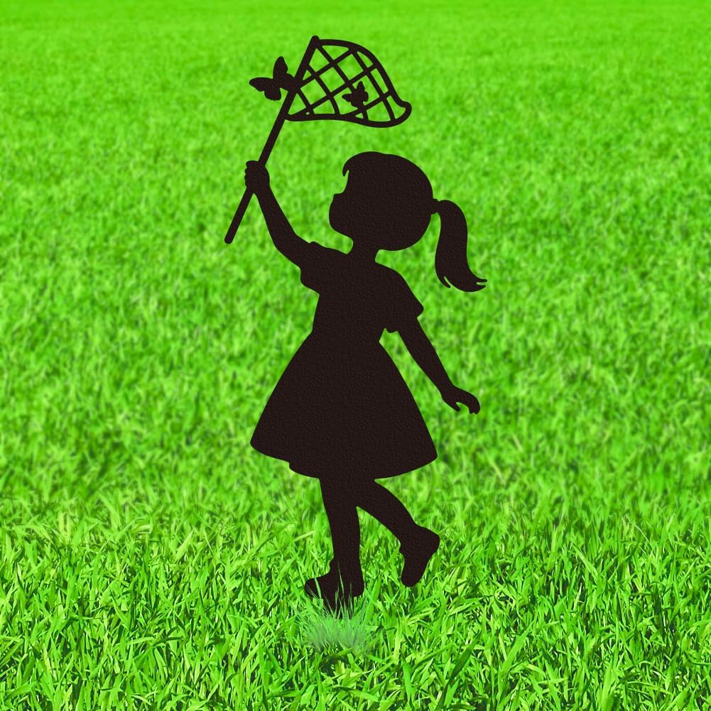 WADORN Catching Butterfly Metal Decorative Garden Stakes, Girl Butterfly Silhouette Metal Outdoor Statues Personalized Garden Ornament Gift Weatherproof Yard Art Decor for Outdoor Backyard Patio Lawn