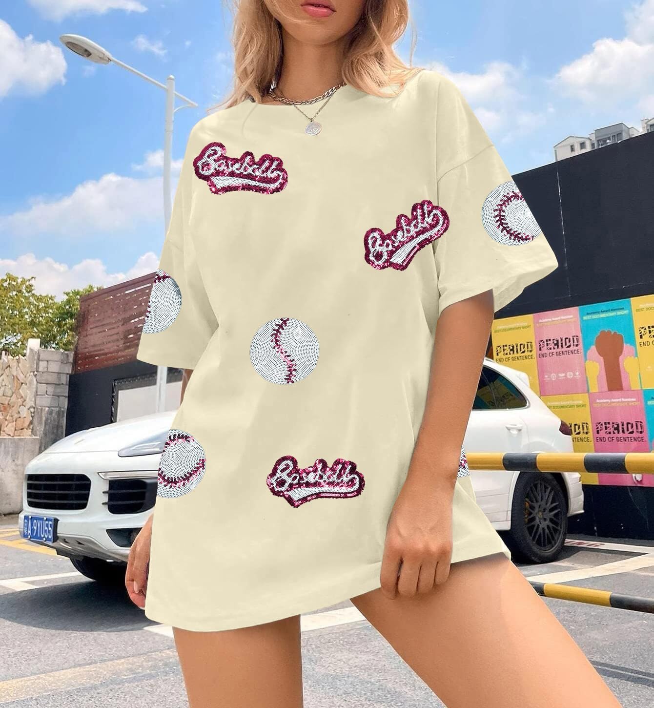 Baseball Shirts Women Oversized Sparkle Baseball Sequin Graphic Tee Baseball Mom Shirt Game Day Gifts Short Sleeve Tops - Image 3