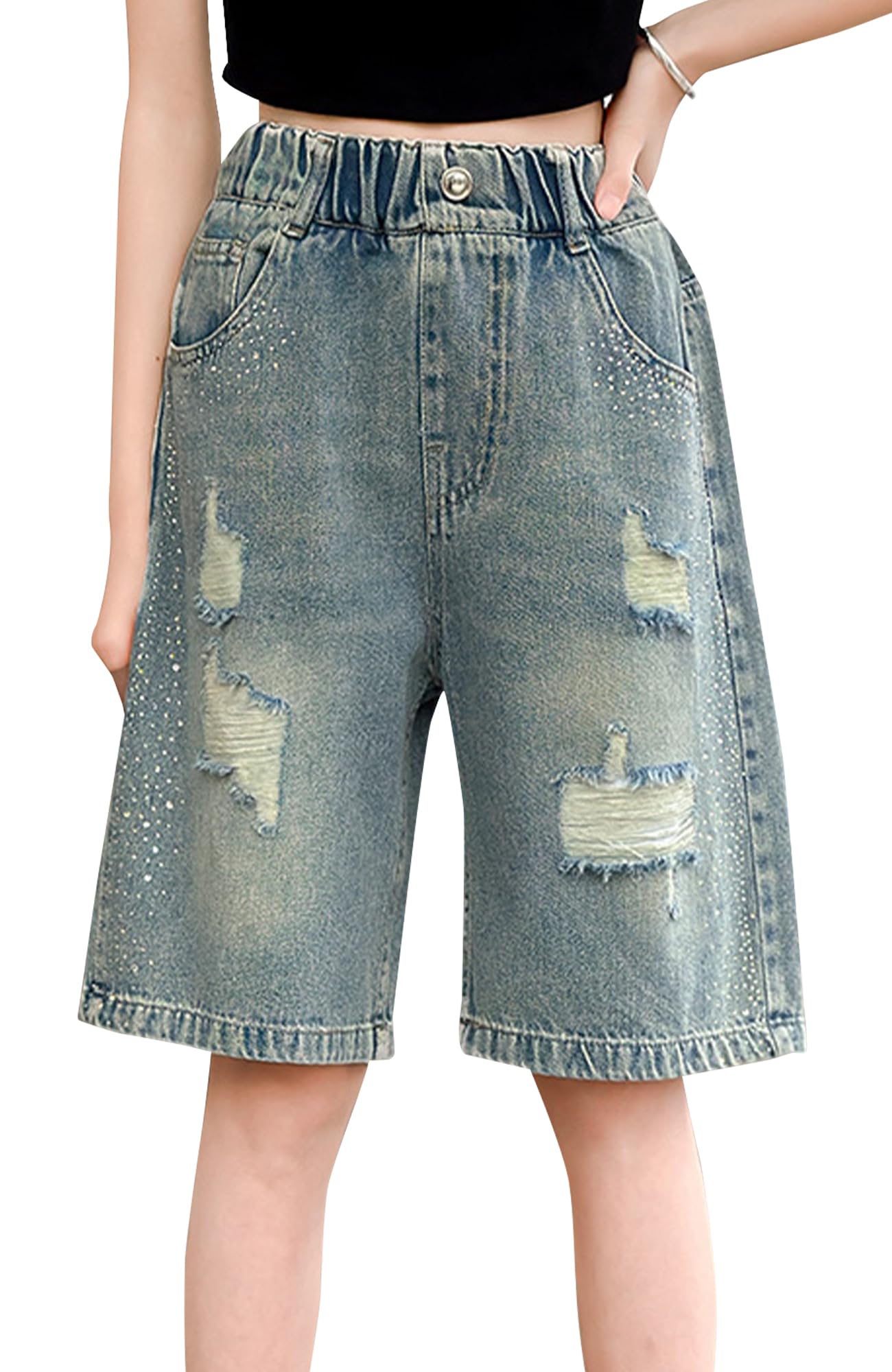 Happy Cherry Kid Girls Denim Shorts Summer Elastic High Waist Pull On Midi/Mini Jeans Shorts 5-14Y