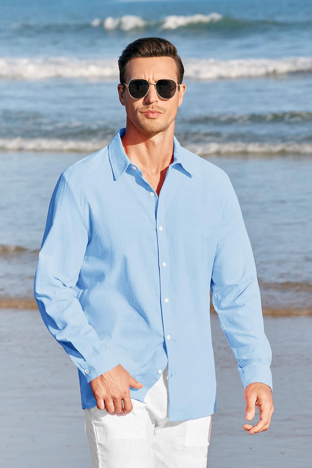 Mens Button Up Shirts Linen Beach Long Sleeve Casual Cotton Summer Lightweight Tops - Image 2