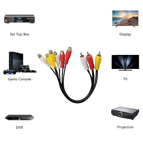 Miniatura 7 de GELRHONR Divisor de cable AV, divisor de 3 RCA macho a 6 hembras, cable de extensión RCA AV de audio y video en Y para TV, DVD, caja de