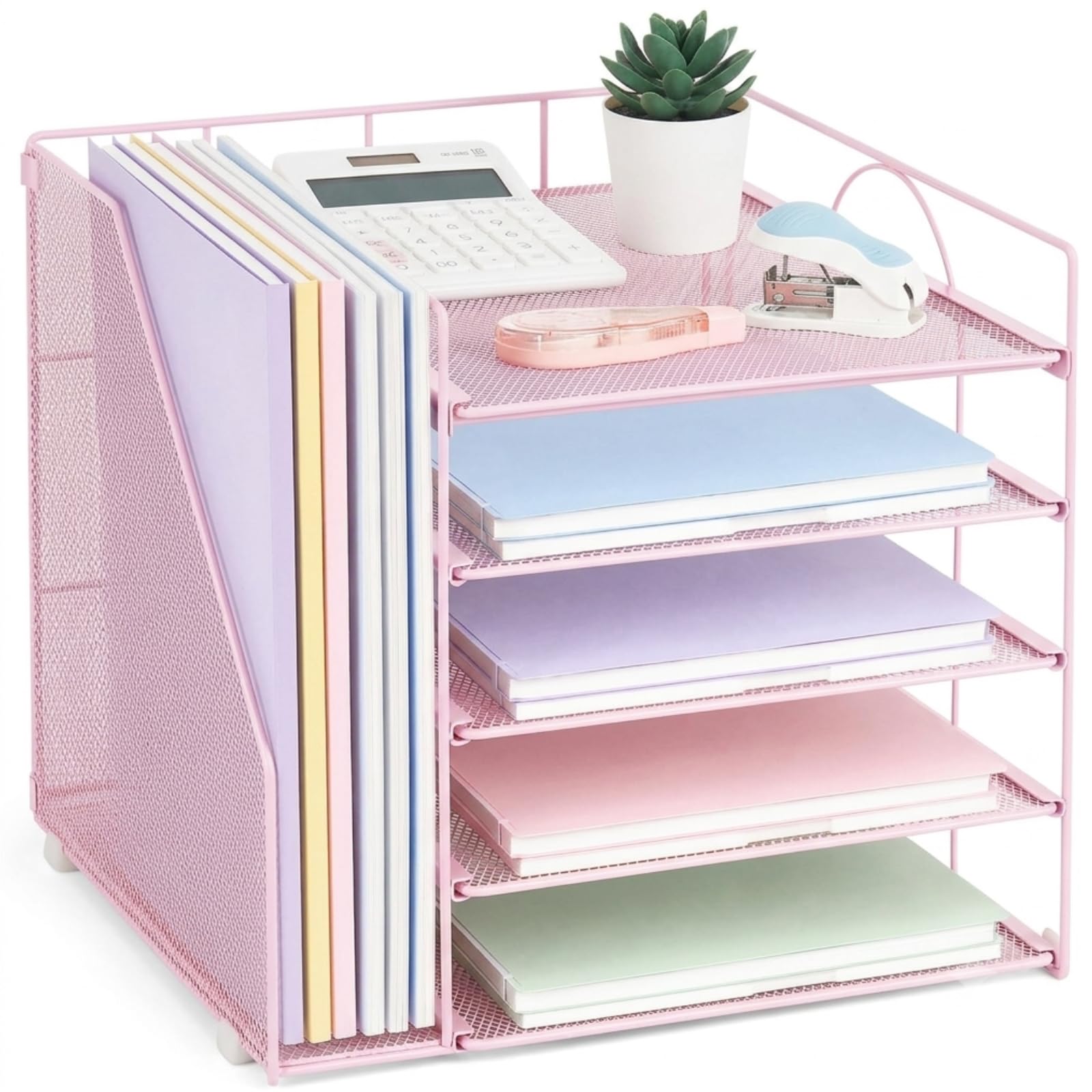 LEKETREE Organizer da scrivania con porta documenti, organizer per carta a 5 ripiani, vassoio per lettere con cassetto scorrevole e portapenne, organizer da scrivania in rete per forniture scolastiche