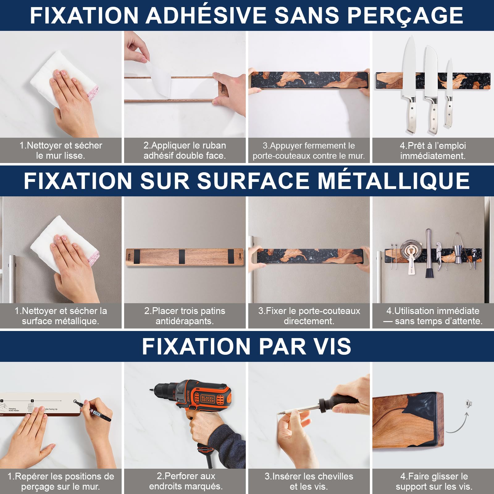 ENOKING Porte Couteaux Magnétique Mural 40 cm, Barre Magnétique Couteaux en Bois d’Acacia & Résine Noire, Support Couteaux Aimanté avec Fixation Adhésive ou Vis, Range Couteaux Mural pour Cuisine