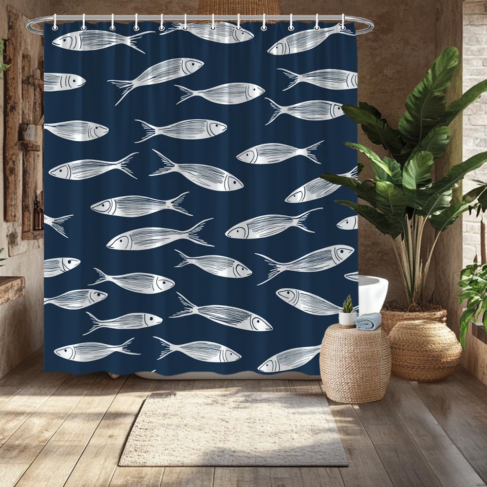 Rideau de douche poisson lavable polyester 200x210cm impermeable