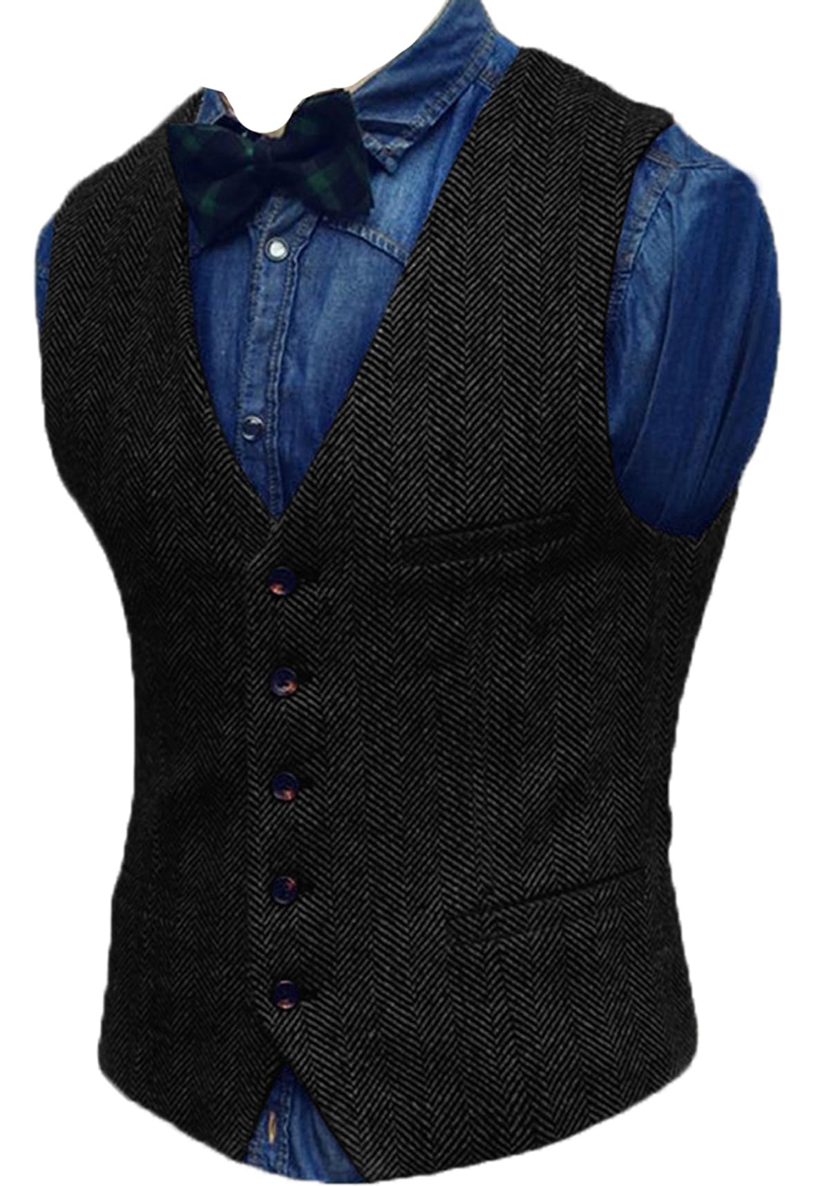 Yiaisafa Men's Waistcoat Herringbone Retro Tweed Waistcoats for Mens Waistcoats Suit Vest Vintage Wedding Wool Tuxedo(Black,M)