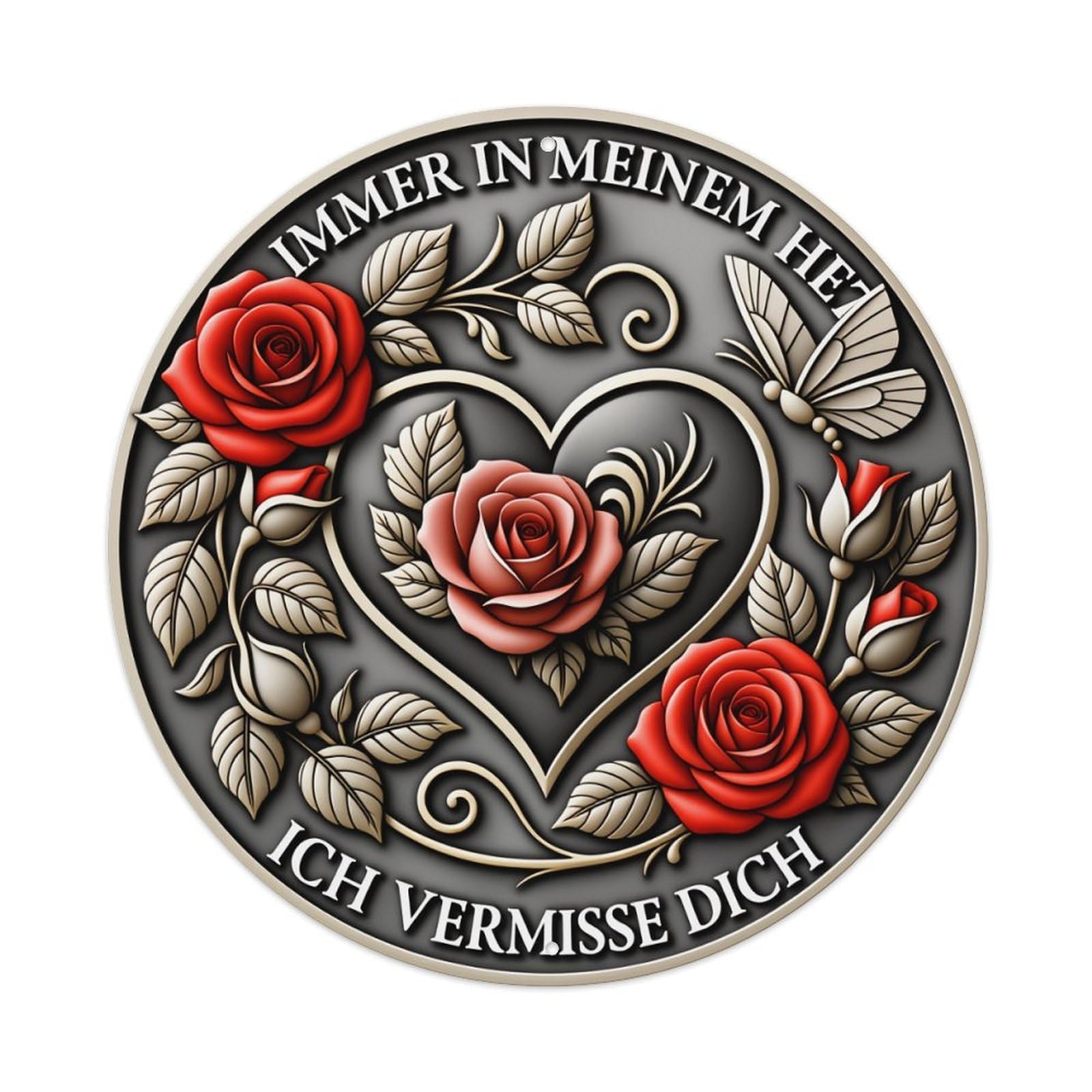 Heart Roses Leaves Butterfly Text Round Vintage Tin Sign,Retro Wall Art,Metal Poster for Home, Bar, Garage, Cafe, Rustic Indoor & Outdoor Decor, 8x8 Inches