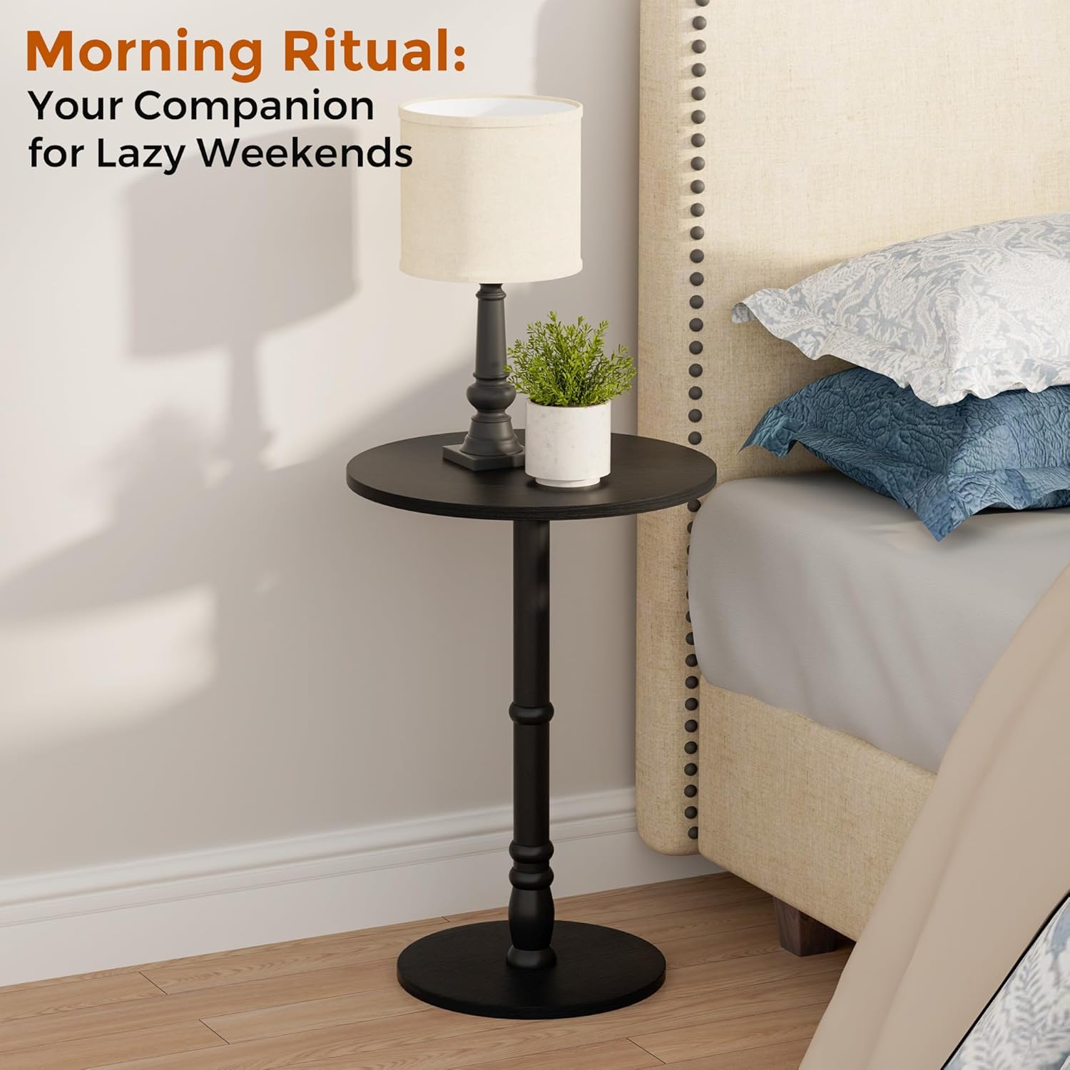 16" Round Side Tables, Solid Wood Pillar with Wood Top & Base, Small Drink Accent Table for Living Room, Bedroom, Sofa & Office, Easy Assembly, Black