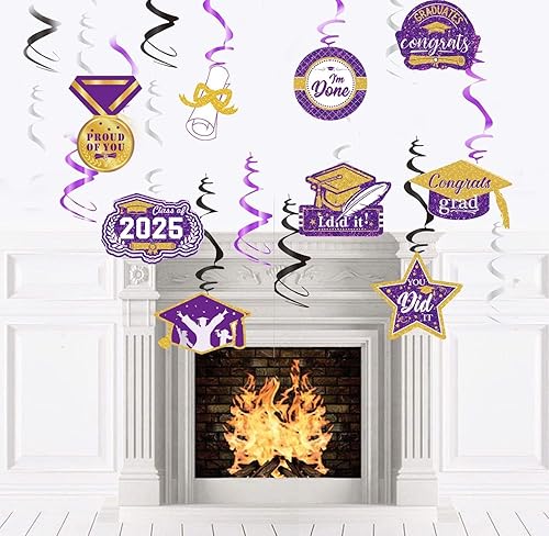 Miniatura 7 de Decoraciones de graduación morado, negro y dorado 2024morado dorado, decoraciones de fiesta de graduación NYU, 15 espirales colgantes de clase de