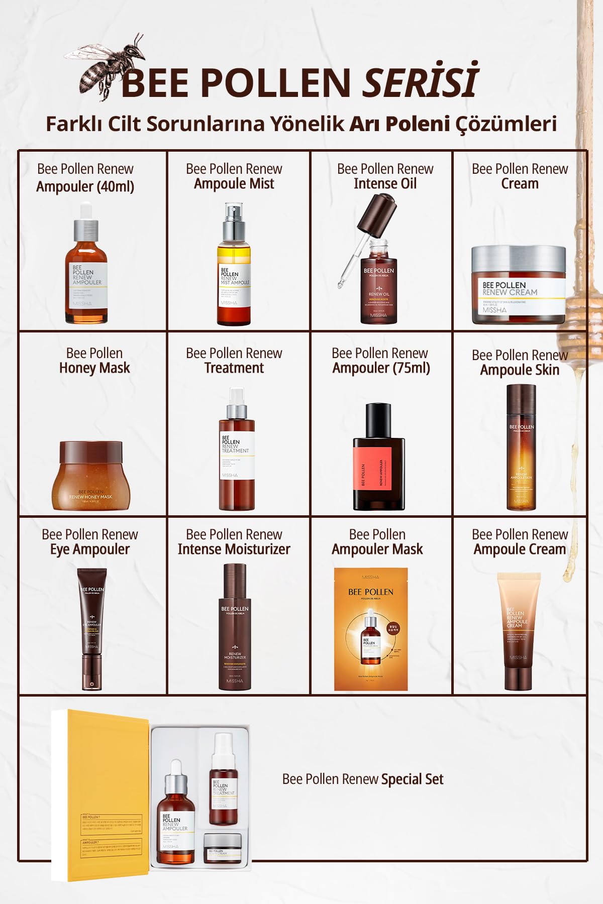 MISSHA Kuru ve Cansız Ciltler için Arı Poleni İçerikli Cilt Bakım Ampulü Missha Bee Pollen Renew Ampouler