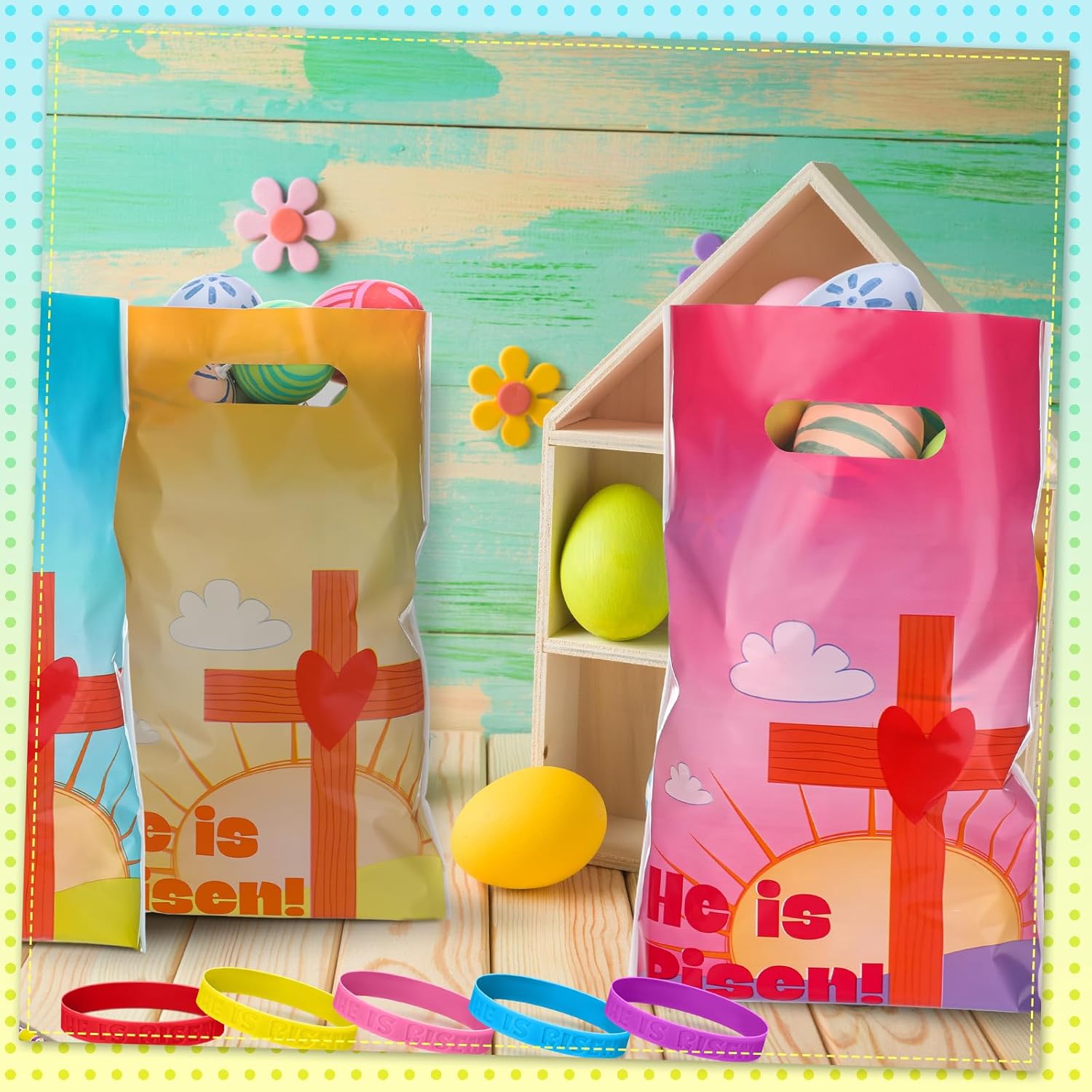 Ireer 180 Pcs Easter Party Favors He Is Risen Favors Set Includes 60 Pcs Plastic Easter Goody Bags 60 Pcs He Is Risen Silicone Wristband 60 Pcs Religious Pencils for Easter School Favors