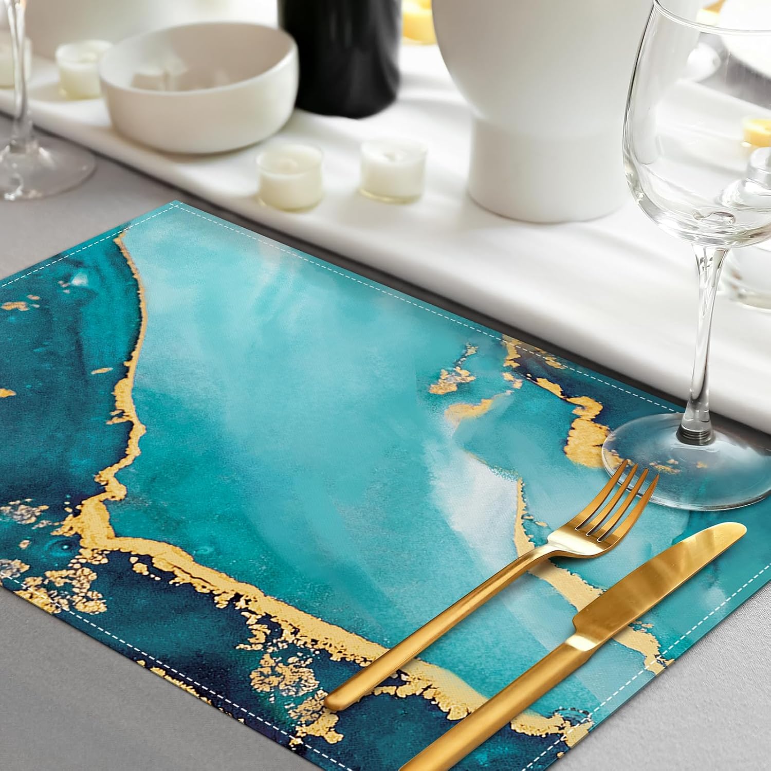 Bonhause Turquoise Marble Placemats Set of 4, 12x18 Inch Teal Gold image 3