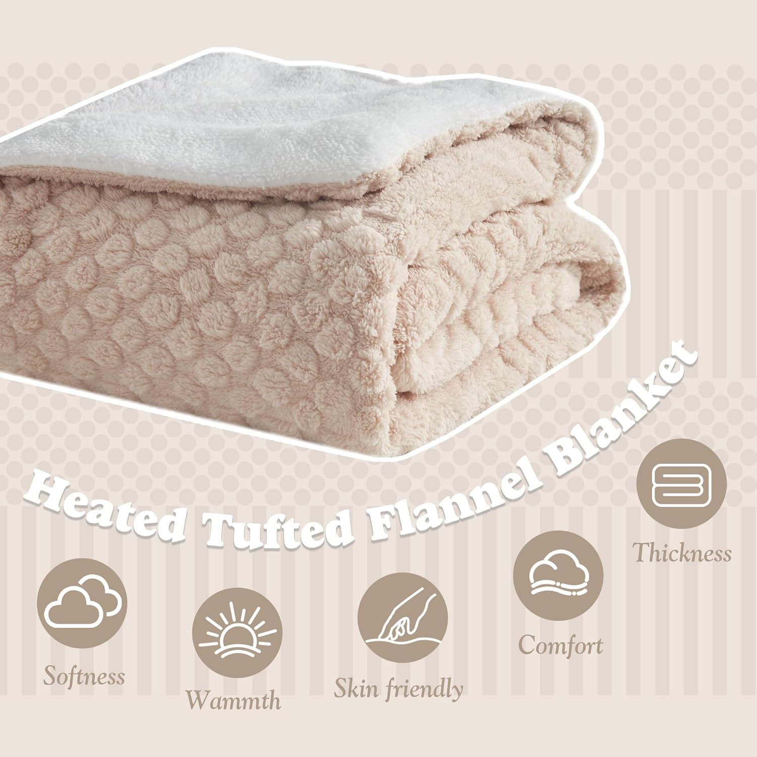 Tufted Heated Blanket Throw Size - Fast Warming with 6 Heat Settings & 4 Hours Auto-Off, Electric Throw Blanket for Couch, 50"x60", Beige - Image 4