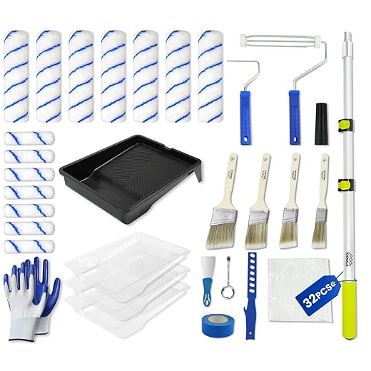 32PCS Paint Roller Kit with Extension Pole - 2 to 4 FT Pole, 4 inch 9 inch Paint Rollers, Paint Brushes for Walls, Painters Tape & Drop Cloth, Microfiber Roller Covers for Professional Painting
