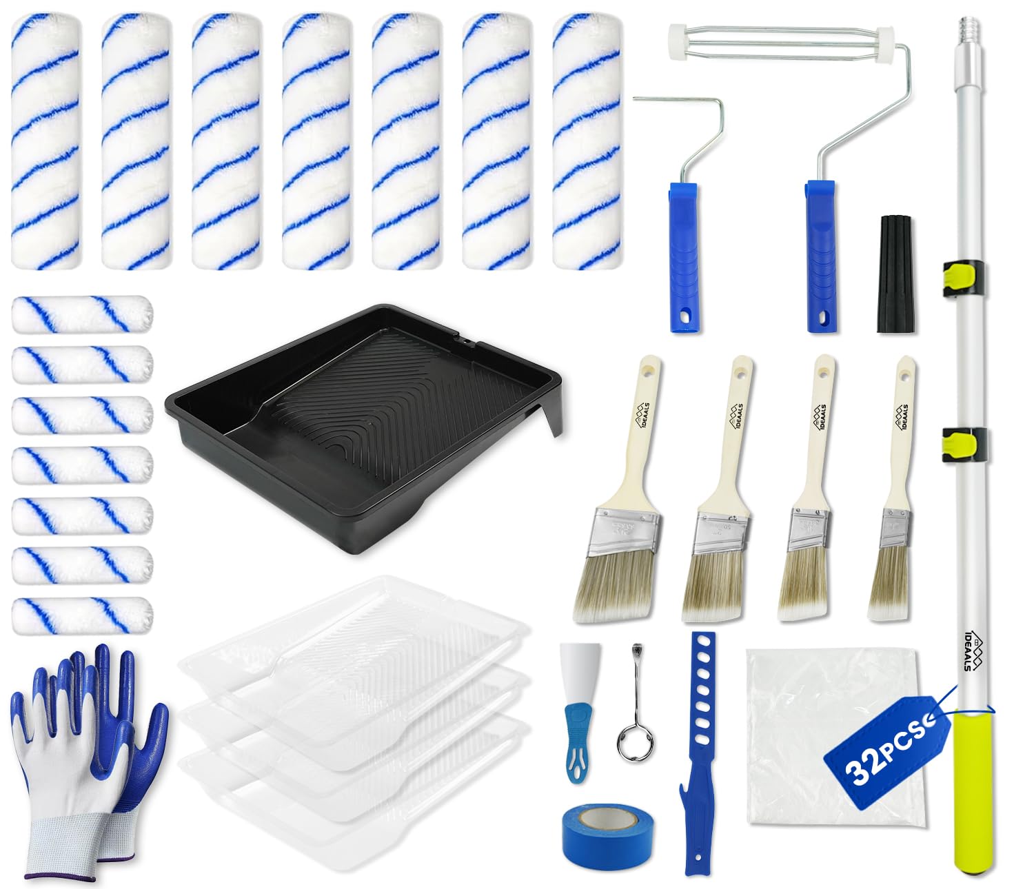 32PCS Paint Roller Kit with Extension Pole - 2 to 4 FT Pole, 4 inch 9 inch Paint Rollers, Paint Brushes for Walls, Painters Tape & Drop Cloth, Microfiber Roller Covers for Professional Painting