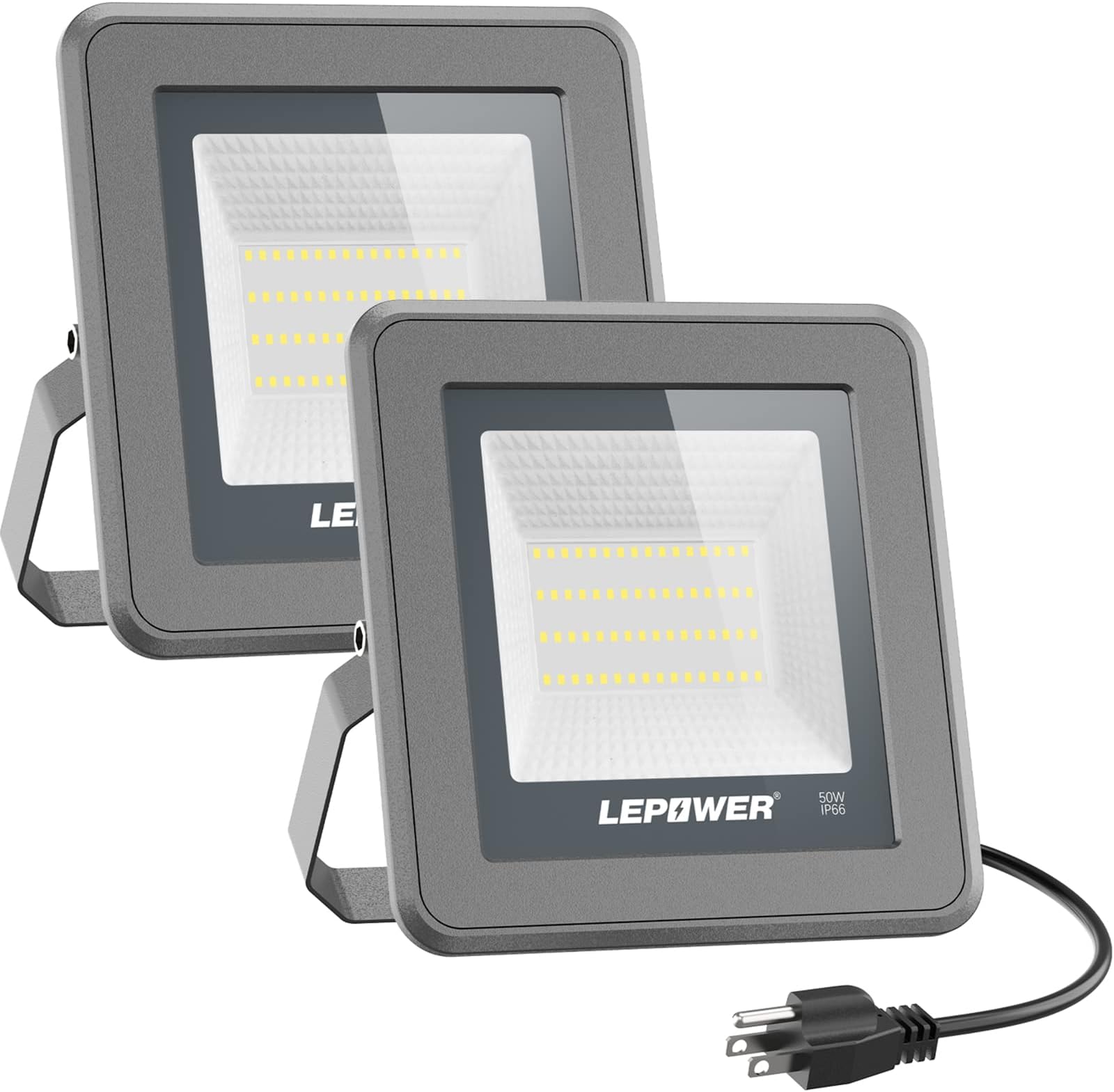 LEPOWER 50W LED Flood Light, 5000lm Work Light with Plug, Equiv 250W Halogen, 6000K White Light, IP66 Waterproof Outdoor Floodlight for Garage, Garden, Lawn, Basketball Court, Playground 2 Pack