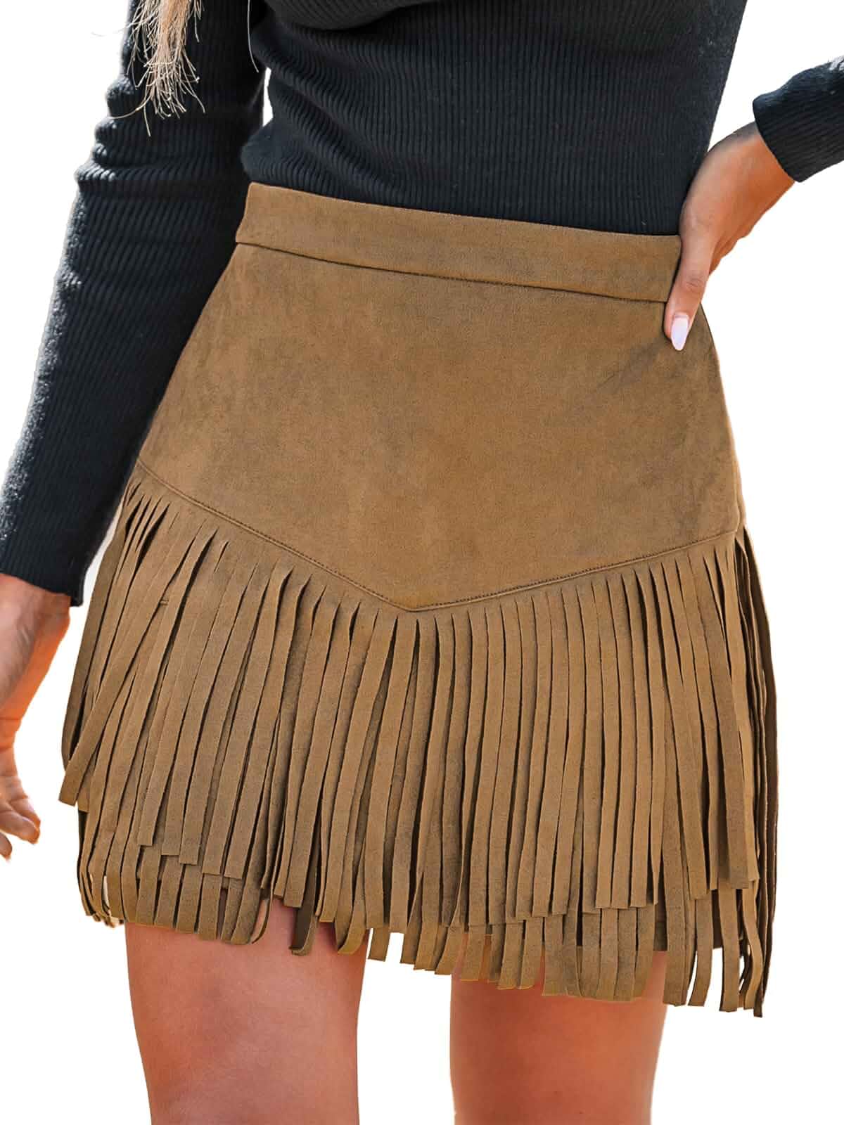 CUPSHE Women's Faux Suede Fringe Mini Skirt Suede High Waist Western Fun Layered Tassels, Flattering Fit, Cowgirl Style, Country Concert Outfit, Nashville Party, Rodeo Event Wear