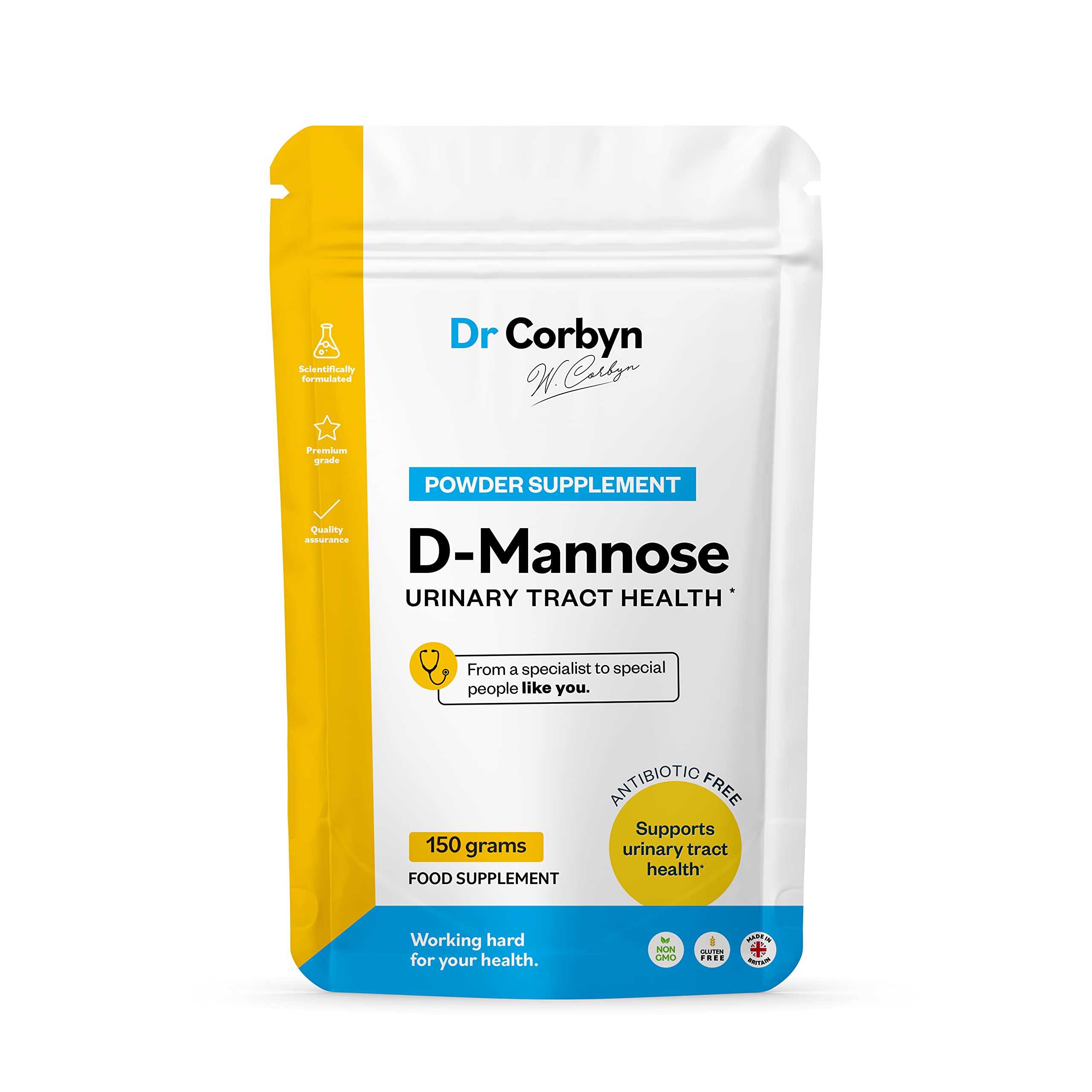 Dr CorbynD-Mannose Powder Supplement - 150 Grams | High-Strength D-Mannose | Natural Support for Urinary Tract & Bladder Health | 100% Pure & Vegan Supplement