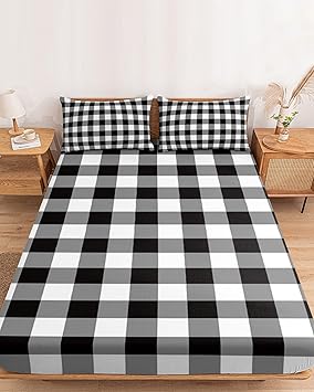 Bedding King Size Fitted Sheets Fit 5"-16" Deep Pocket Mattress,Modern Minimalist Buffalo Checker Soft Bottom Sheet Black and White Lattice Fitted Sheet Bed Set with Pillow Case