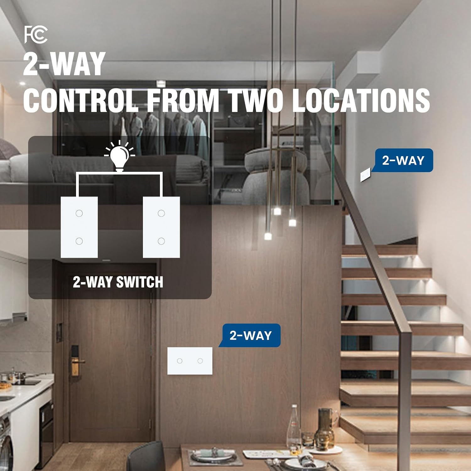 Light Switch 2 Way,4.65 X 2.83 X 1.34 Inches,No Neutral Wire Required,Tempered Glass,White 2 Button