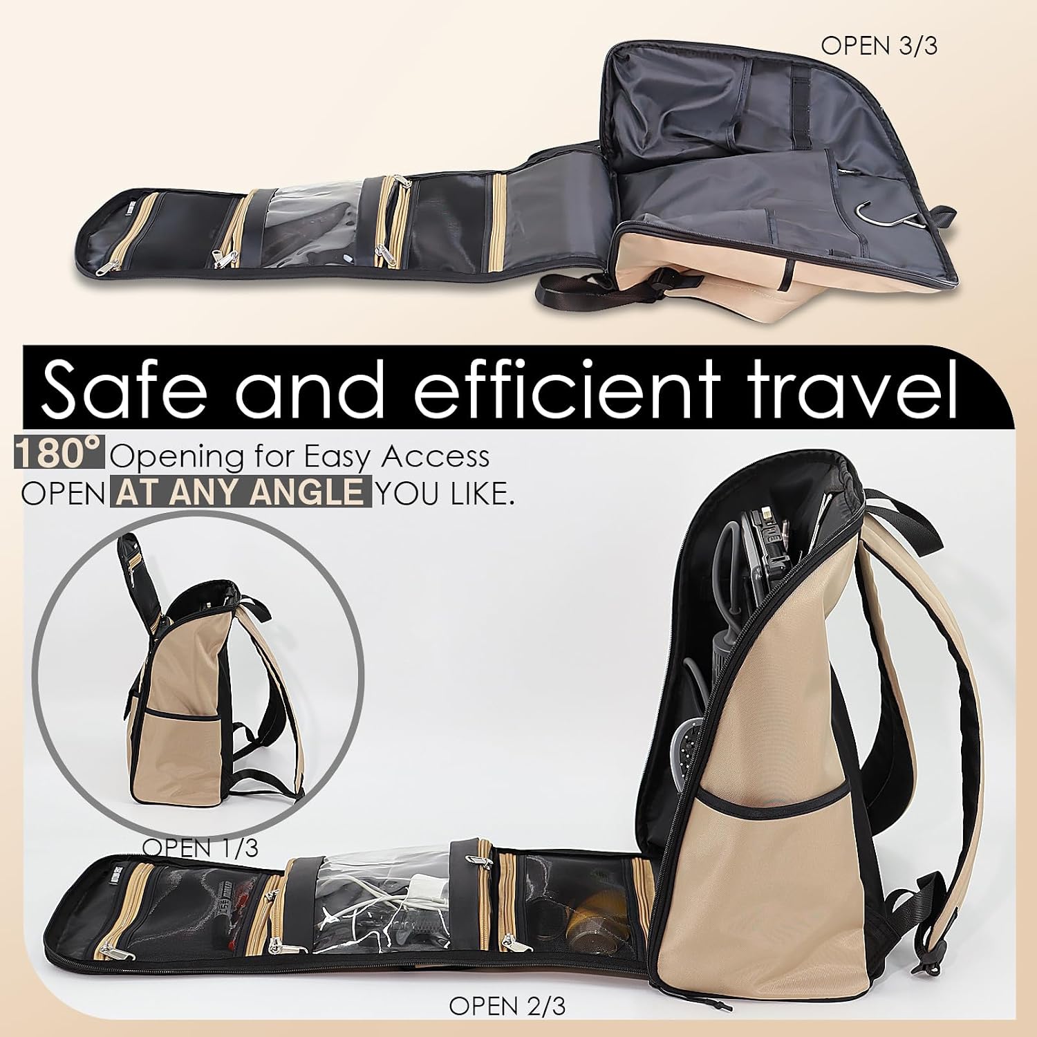 Travel Laptop Backpack Large Hanging Toiletry Organizer Water-Repellent Hygiene Bag (Khaki)