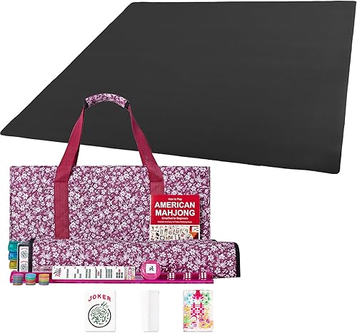 American Mahjong - Juego de azulejos Mahjongg de 166 azulejos acrílicos con bolsa de transporte impresa roja, tapete Mahjong, tapete de juego con