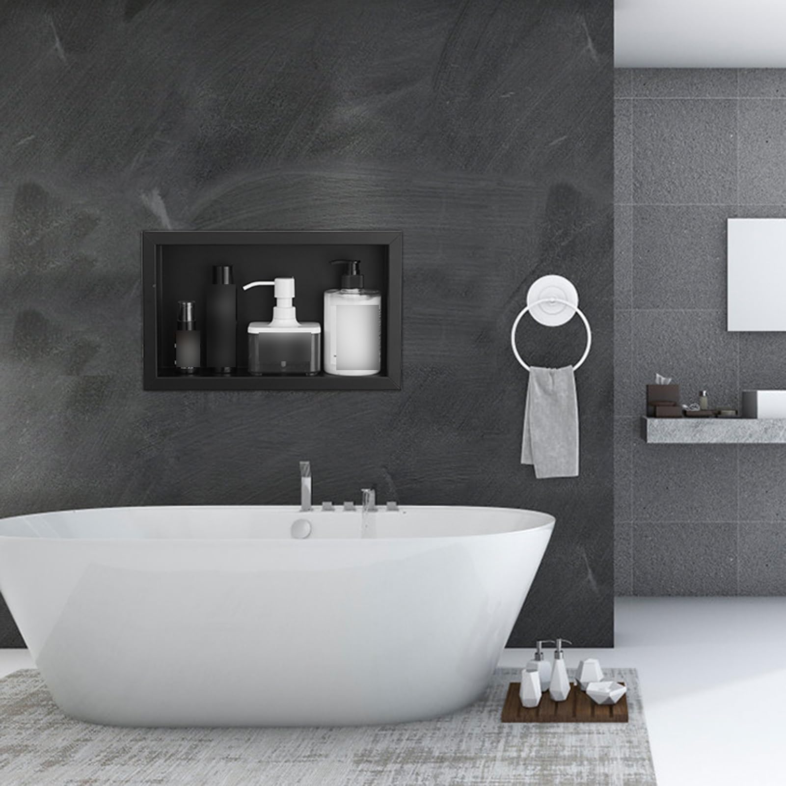 Edelstahl-Badnische, Duschnische aus Edelstahl 304, wasserdichter Dusch-Organizer für Wohnzimmer, Schlafzimmer, Badezimmer, Aufbewahrungsregale für Shampoo und Toilettena，Black 23.5x8x30CM