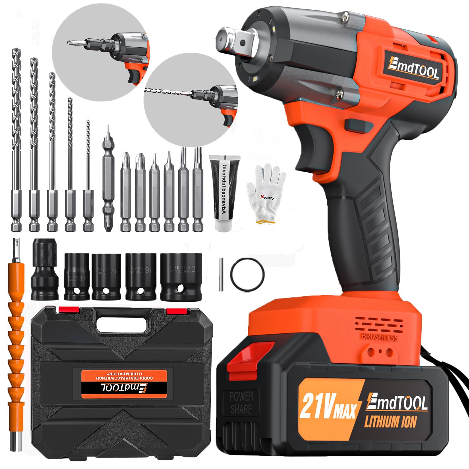 HSHa Cordless Impact Wrench,1/2" Brushless Power Impact Gun,2500RPM Electric Wrench, Max Torque 550N.m with 4 Sockets, 12PCS Screwdriver Bits, 4.0Ah Battery & Carry Box for Car Home (Orange)