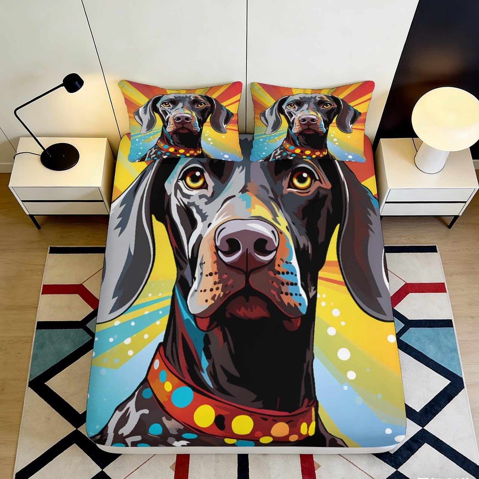 Vibrant dog motif 3D Printed Fitted Sheet, Microfiber soft touch, stylish home decor, anti-slip, guest room bedding 90x200x25cm