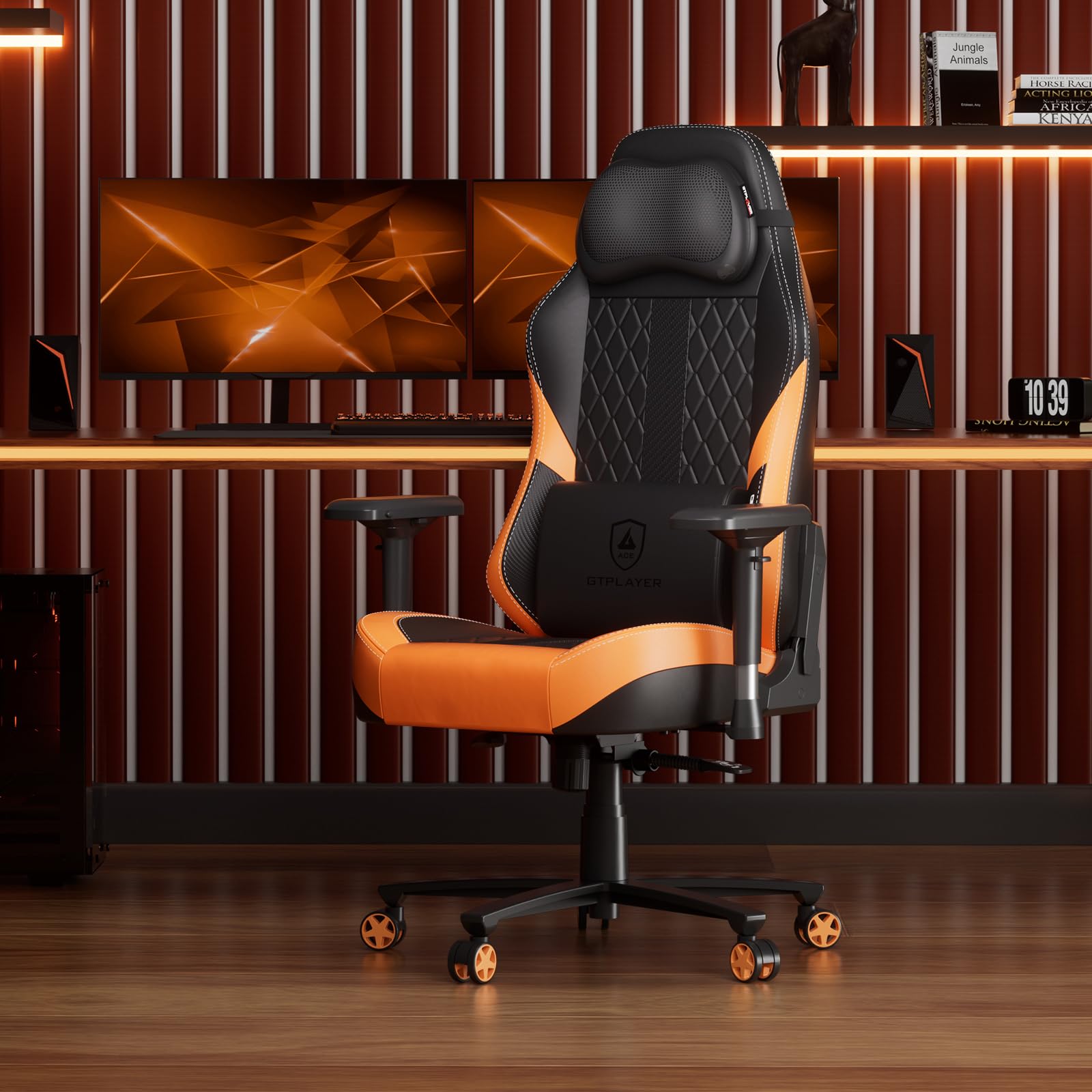 GTPLAYER Gaming Stuhl mit Massage, Gamer Stuhl mit Taschenfederkissen Fußstütze, Ergonomischer Gaming Sessel Bürostuhl 4D Armlehnen,Orange