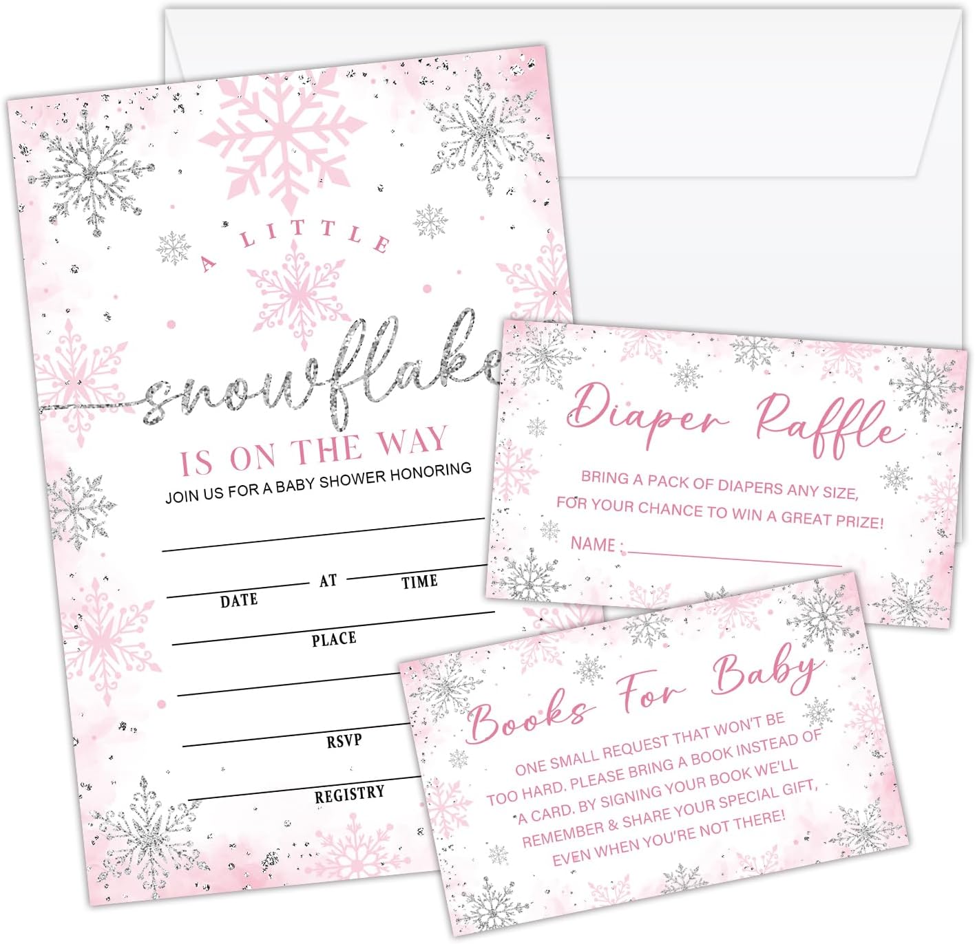 Christmas Snowflake Baby Shower Invitations Cards with Envelopes, Diaper Raffle Tickets, 25 Sets Silver Pink Winter Fill-In Invites for Gender Reveal Party Birthday Dinner Party Decorations -10