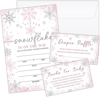 Winter Wonderland Snowflake Baby Shower Invitations & Diaper Raffle Tickets (25 Sets)
