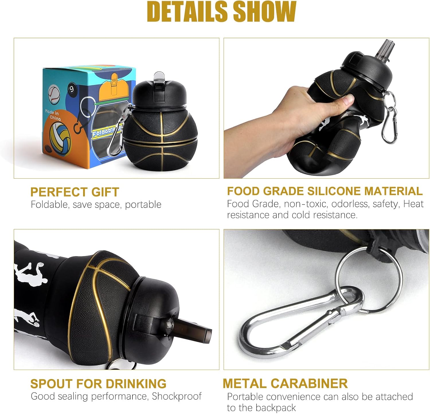 Louis Donné Silicone Collapsible Water Bottle, Toddler Water Bottle Black Basketball Style, Kids 19oz Water Bottle, Toys Gift for Kid Travel Accessories